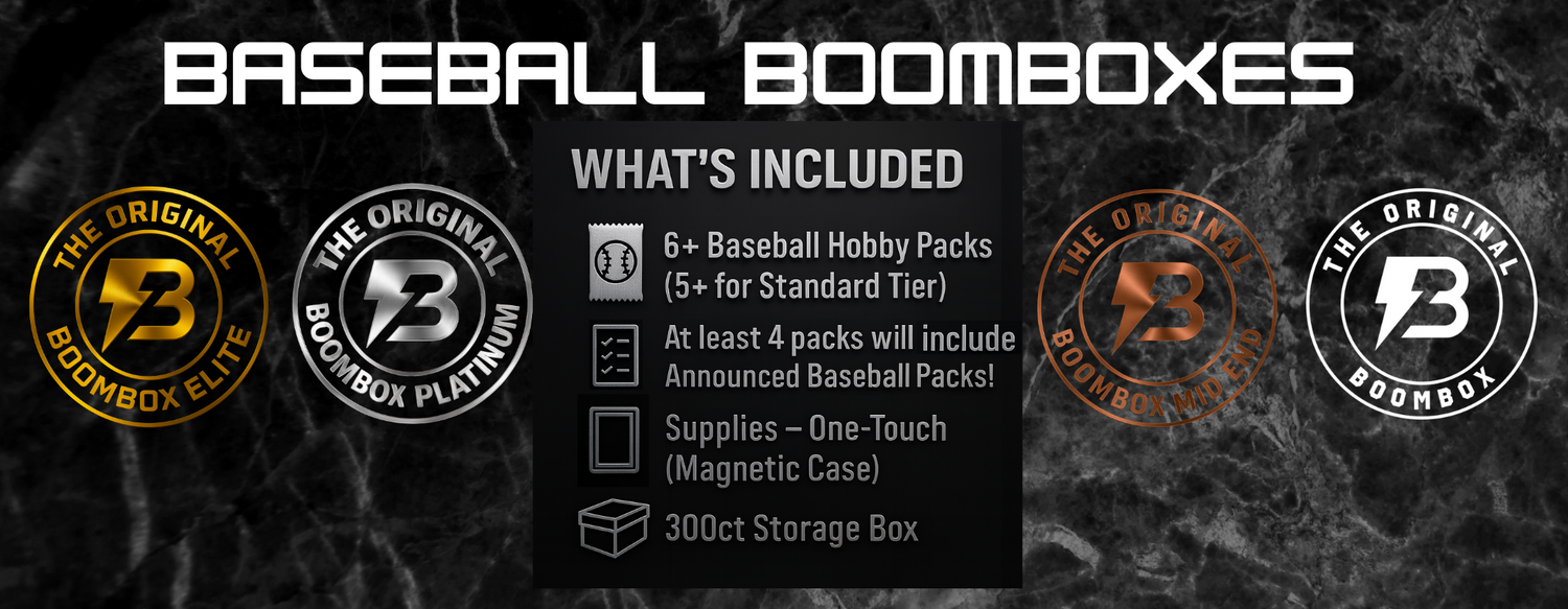Baseball Boomboxes information slide, each Baseball boombox includes 6 or more packs but 5 or more for the standard tier, a one touch magnetic case, and a 300ct card storage box.