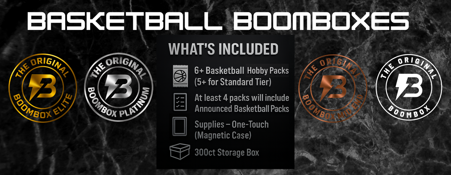 Basketball Boomboxes information slide, each Basketball boombox includes 6 or more packs but 5 or more for the standard tier, a one touch magnetic case, and a 300ct card storage box.