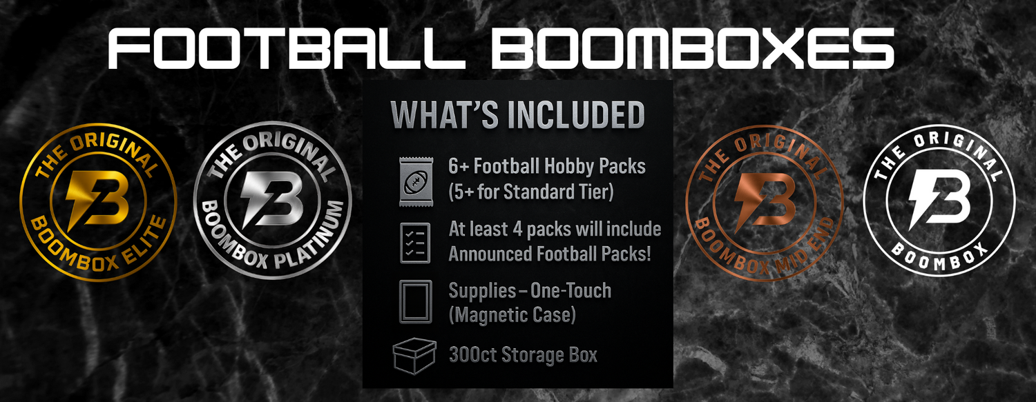 Football Boomboxes information slide, each Football boombox includes 6 or more packs but 5 or more for the standard tier, a one touch magnetic case, and a 300ct card storage box.