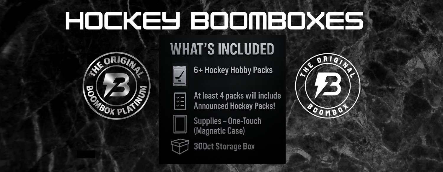 Hockey Boomboxes information slide, each Hockey boombox includes 6 or more packs, a one touch magnetic case, and a 300ct card storage box.