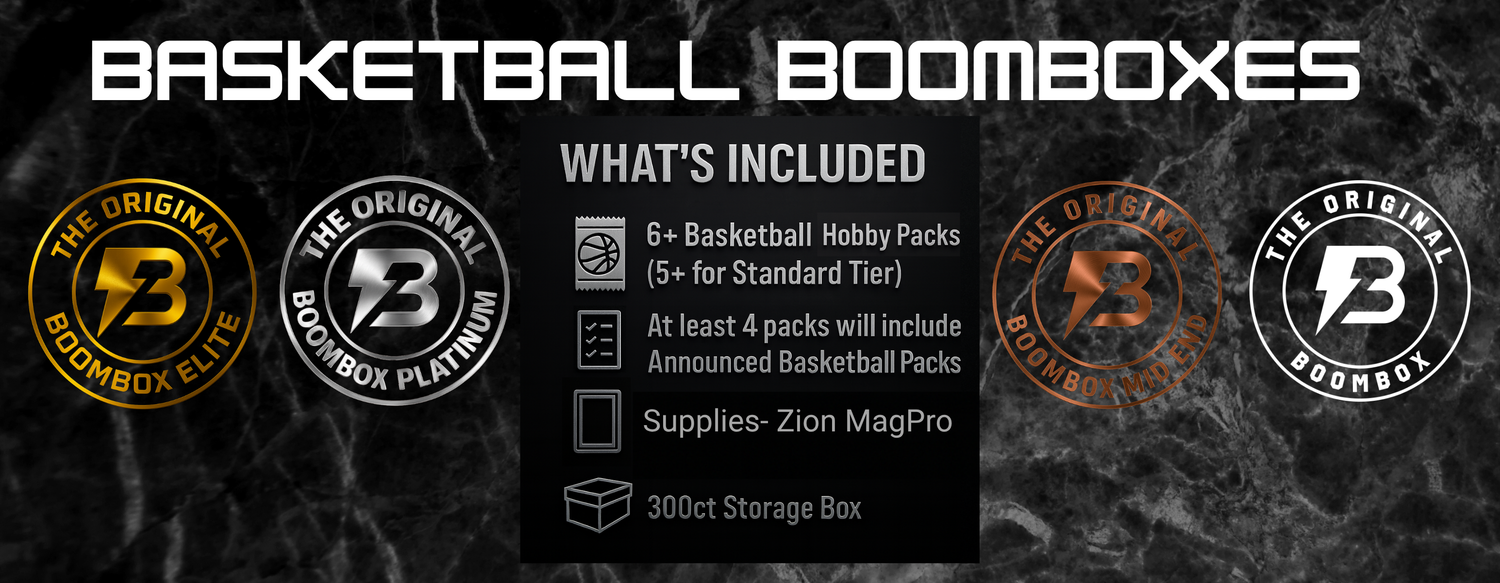 Basketball Boomboxes information slide, each basketball boombox includes 6 or more packs but 5 or more for the standard tier, a zion magpro case, and a 300ct card storage box.