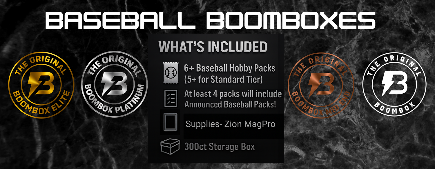 Baseball Boomboxes information slide, each Baseball boombox includes 6 or more packs but 5 or more for the standard tier, a zion magpro case, and a 300ct card storage box.