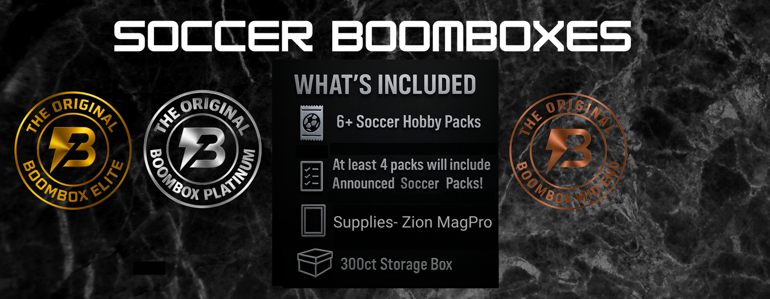 Soccer Boomboxes information slide, each Soccer boombox includes 6 or more packs, a zion magpro case, and a 300ct card storage box.
