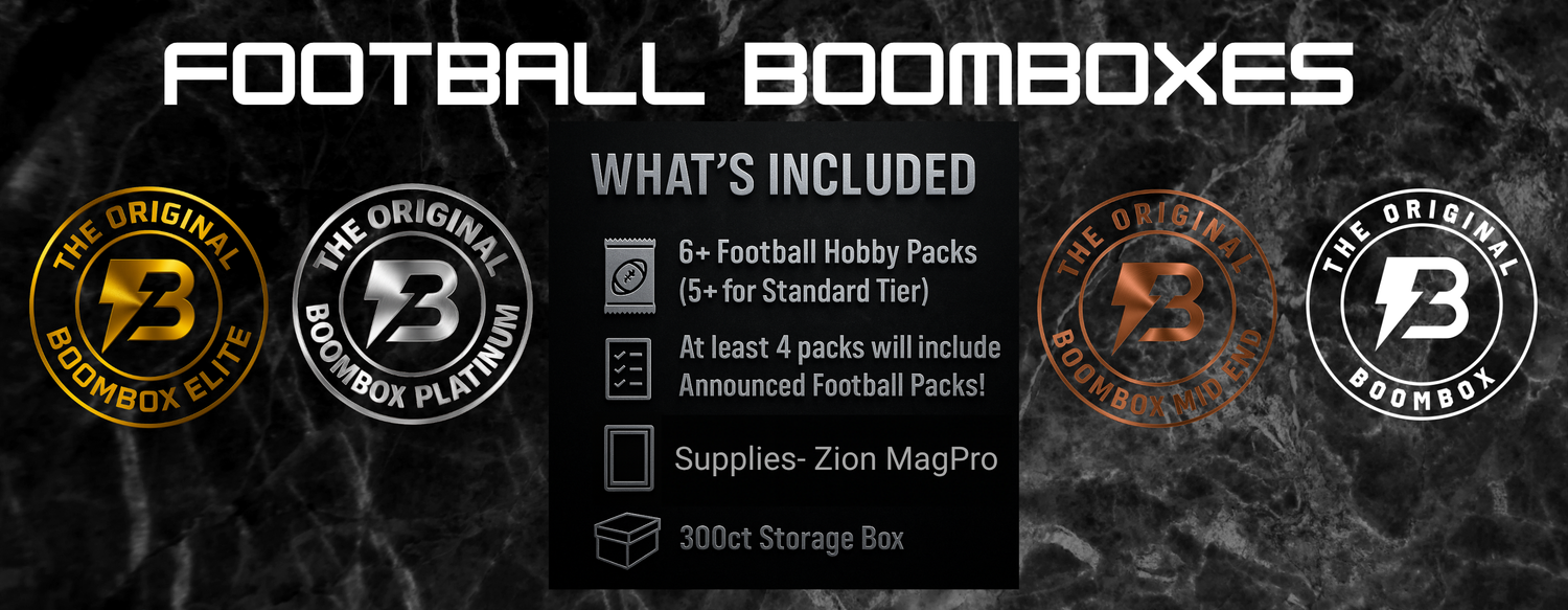 Football Boomboxes information slide, each Football boombox includes 6 or more packs but 5 or more for the standard tier, a Zion MagPro case, and a 300ct card storage box.
