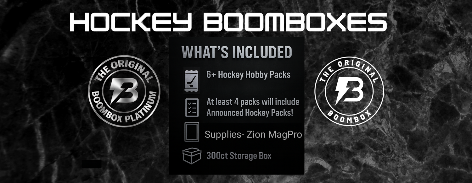 Hockey Boomboxes information slide, each Hockey boombox includes 6 or more packs, a Zion magpro case, and a 300ct card storage box.