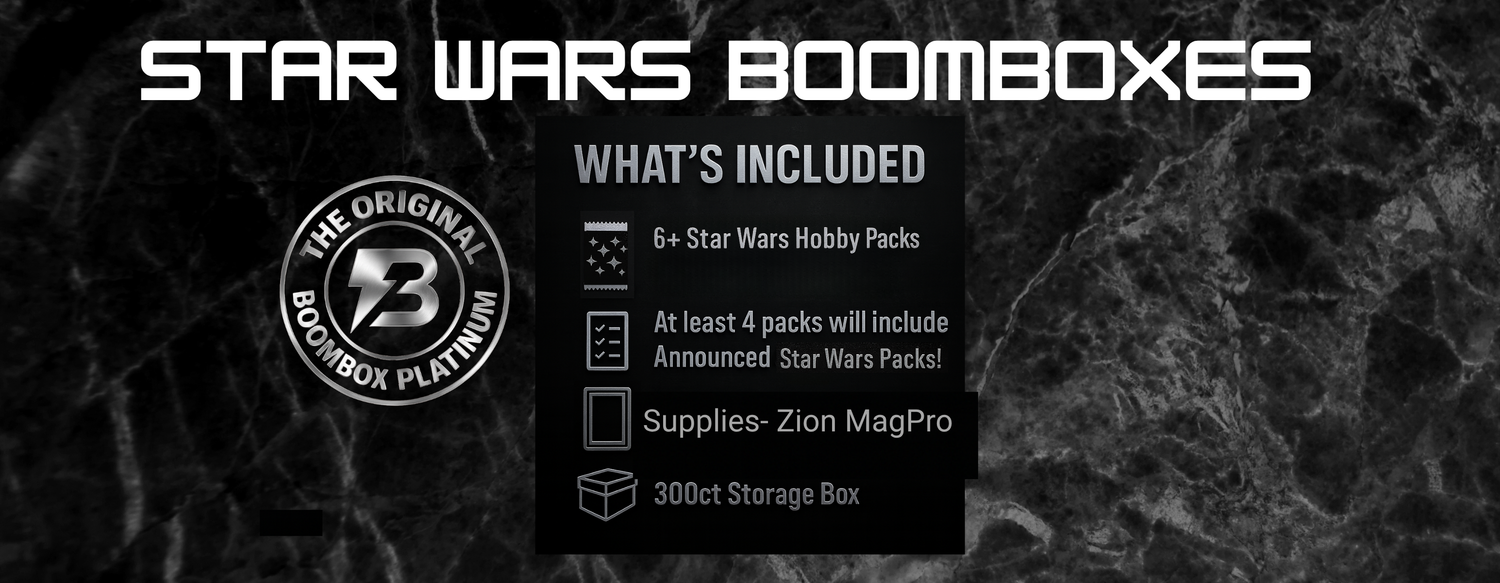 Star Wars Boombox information slide, each star wars boombox includes 6 or more packs, a zion magpro case, and a 300ct card storage box.
